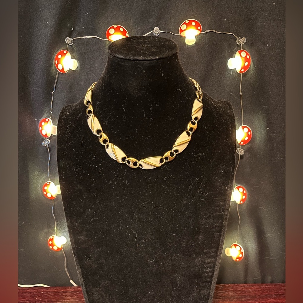 Vintage 1980’s Monet Gold & Cream Enamel Necklace Classic Design